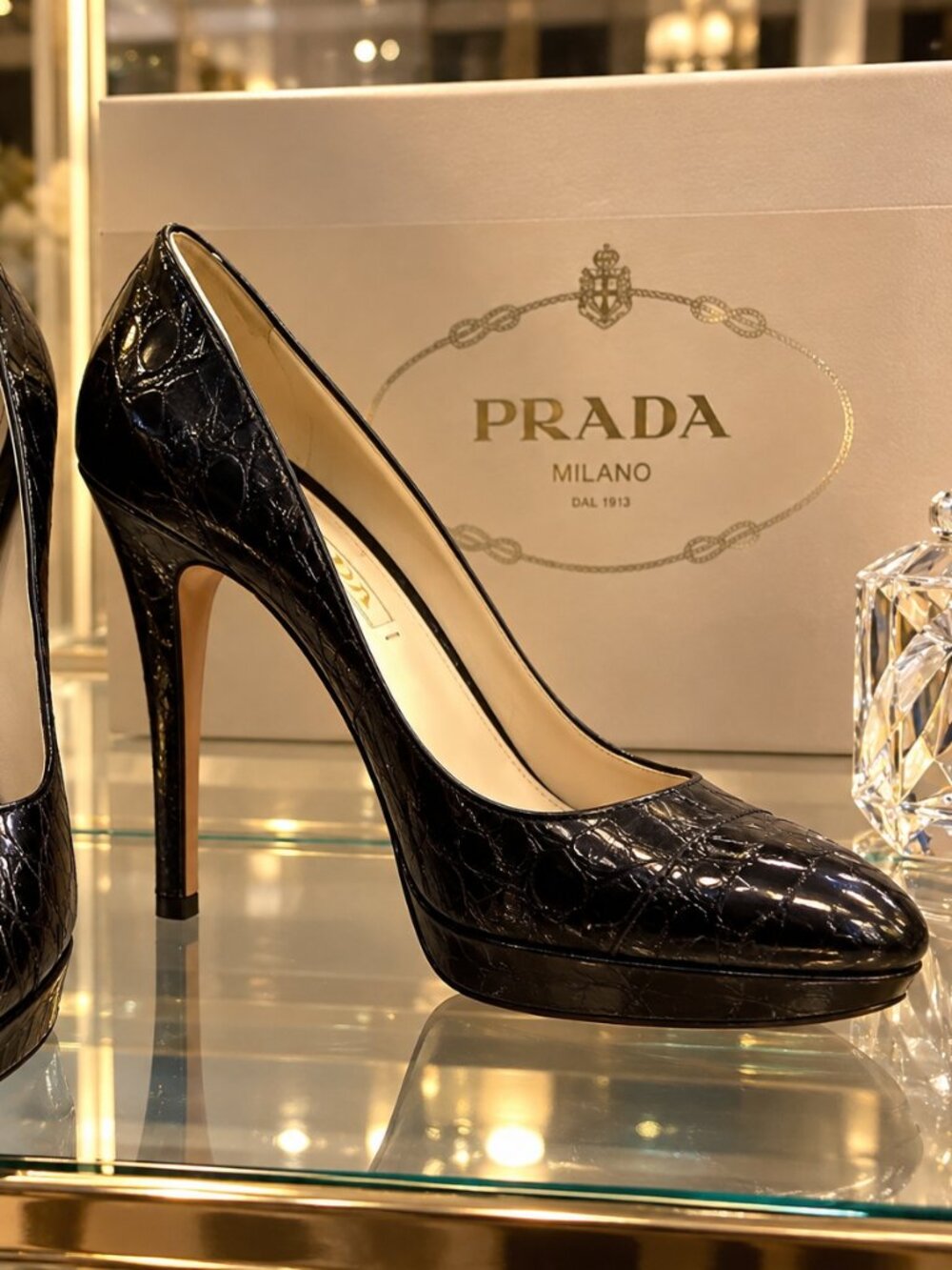 Prada Classic Black Croc Embossed Leather Platform Heels IT 41 w/ Box